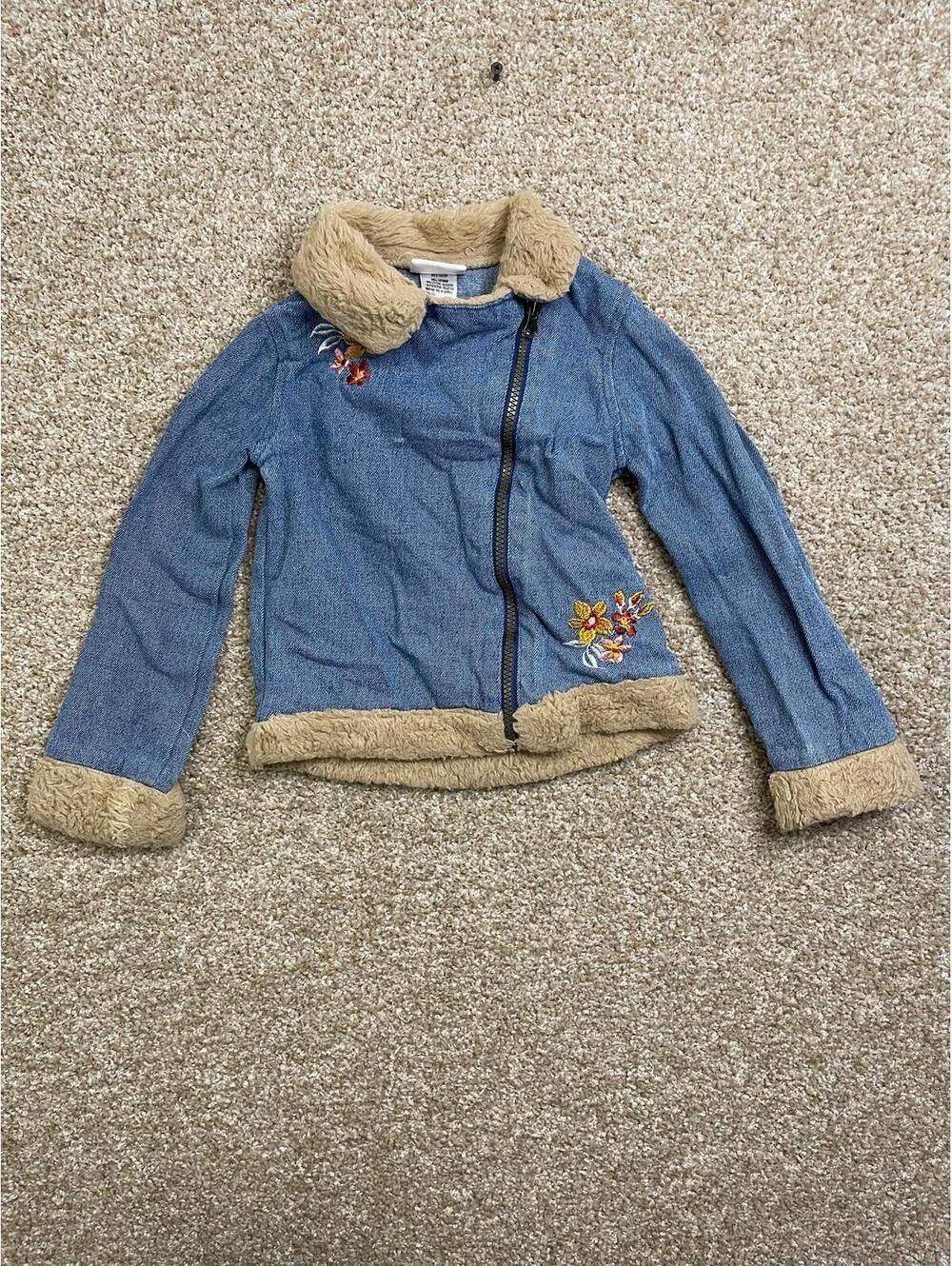 Little Lass Toddler Girls 6 Denim Jacket Faux Fur‎ Trim Embroidered Flowers Coat